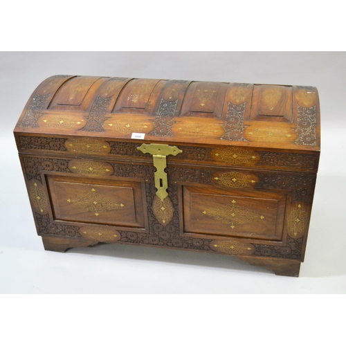 1840 - Reproduction Middle Eastern carved hardwood and brass inlaid dome top trunk, 36ins x 18ins x 22ins h... 