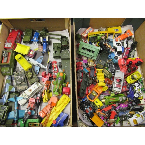 192 - Two boxes containing a collection of various 20th Century playworn diecast metal model vehicles, inc... 