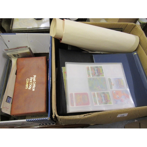 220 - Two large boxes containing a collection of various First Day covers, postcards and stamps etc.