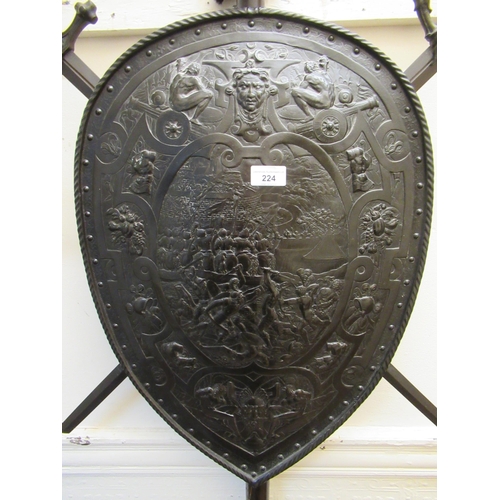 224 - 19th Century brown patinated cast iron sword and shield wall plaque, with attached halberd