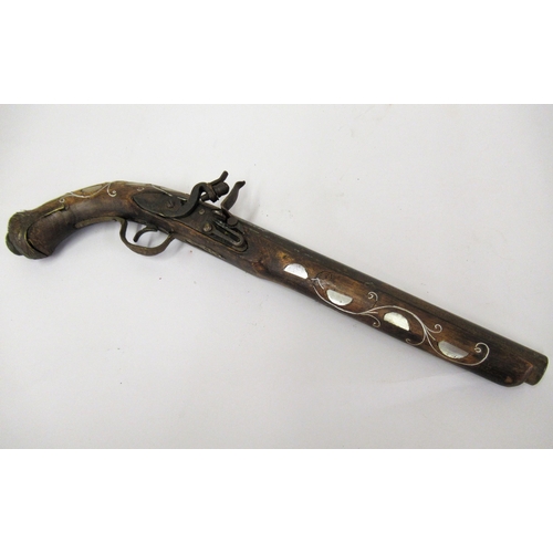 225 - Antique flintlock blunderbuss (in poor condition), together with a mother of pearl inlaid flintlock ... 