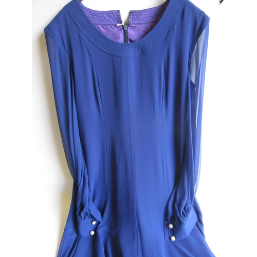 24 - Harrods, Frank Usher blue long sleeved chiffon dress (slight pulls), size 14, together with two Holl... 