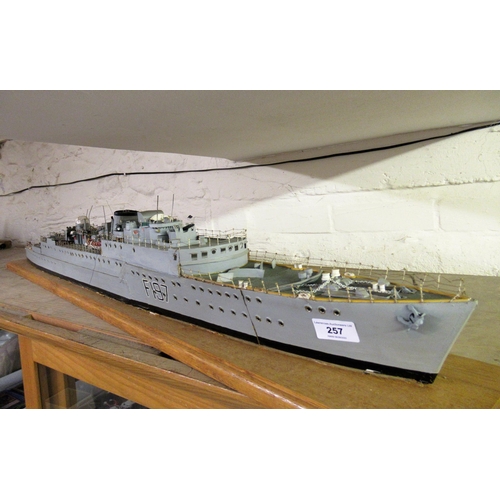 257 - Scratch built wooden scale model of warship.F197, Type 15 Frigate, HM Grenville, 46.5ins wide