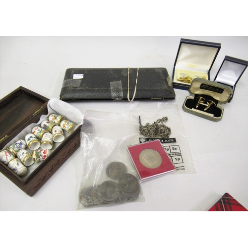 287 - Small quantity of miscellaneous items, including pre-decimal coins, drawing instrument set, hardwood... 