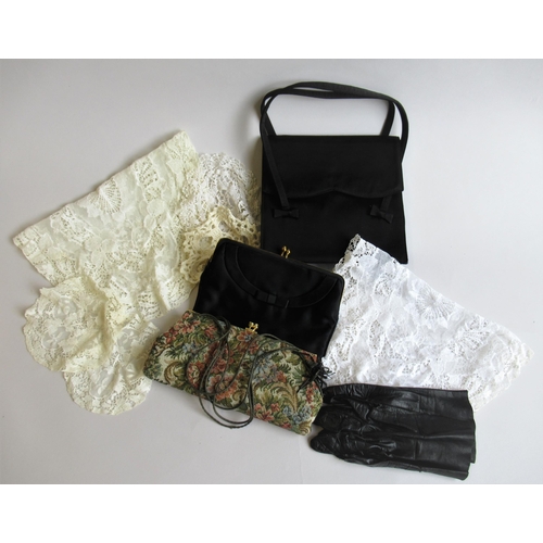 37 - Three Ladies handbags, a pair of black leather gloves and a small quantity of lace