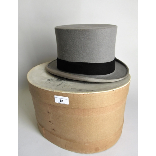 38 - Gentleman's grey top hat by Harman & Son, Bond Street, London, in a Hilhouse & Co. Hatters box