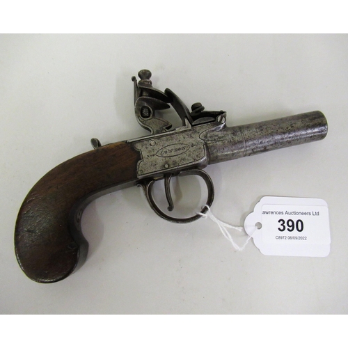 390 - 19th Century flintlock pocket pistol by Pass, London, with a walnut grip