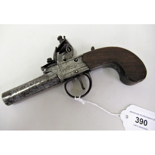 390 - 19th Century flintlock pocket pistol by Pass, London, with a walnut grip