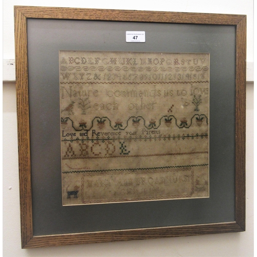 47 - 19th Century alphabet and pictorial sampler dated 1860, 12ins square, framed