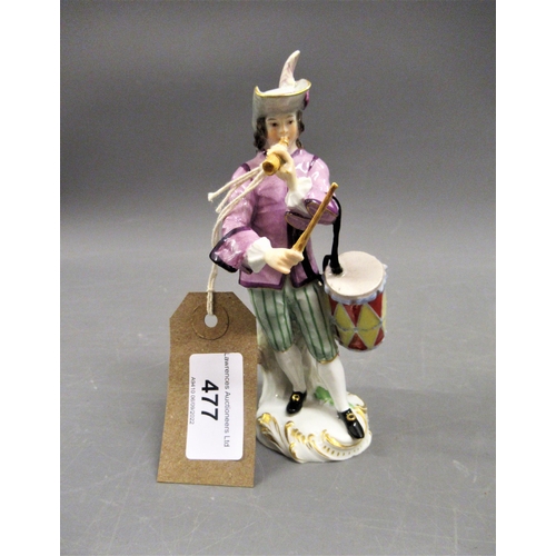 477 - Late Meissen figure of a boy musician with pipe and drum, blue cross swords and impressed marks to b... 