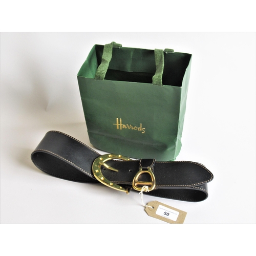 50 - Harrod's black leather belt with gilt metal horseshoe buckle, in Harrods packaging