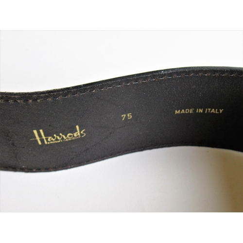 50 - Harrod's black leather belt with gilt metal horseshoe buckle, in Harrods packaging