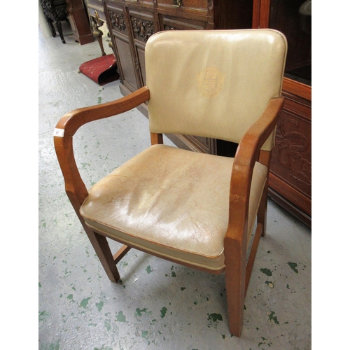67 - Mid 20th Century Football Association board room open elbow chair, with leather upholstered back and... 