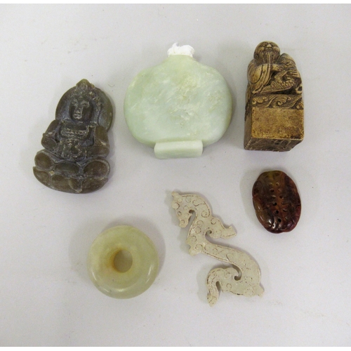 70 - 20th Century jade snuff bottle, carved soapstone scroll weight and four other items