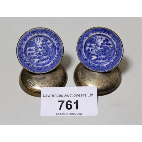 761 - Pair of London silver menu holders, mounted with miniature blue and white plates in enamel