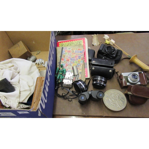 78 - Pair of Chinon binoculars, two cased Yashica lenses, small quantity of World stamps and sundries