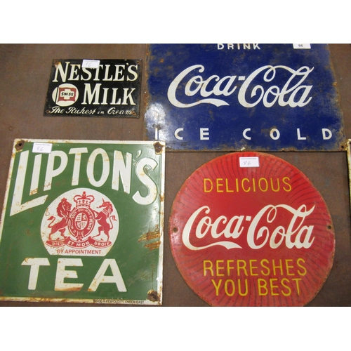 86 - Small enamel sign for Coca Cola, 11ins x 16ins approximately, together with another Lipton's Tea, 11... 