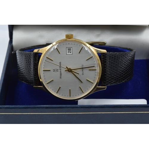 867 - 9ct Gold cased quartz wristwatch by Mappin & Webb, with original strap, box and papers