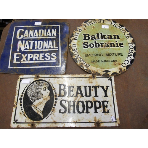 87 - Small circular enamel sign for Balkan Sobranie, 14ins diameter together with another ' Beauty Shoppe... 
