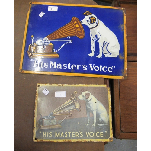 91 - Small enamel sign for HMV, 12ins x 15.75ins together with another similar smaller