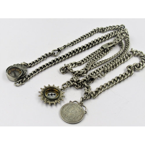 971 - Two silver curb link Alberts with attached compass fobs, together with a silver curb link necklace