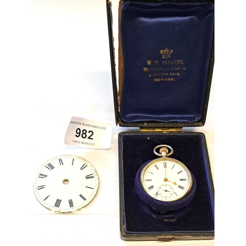 982 - Continental silver cased keyless fob watch in original box, together with an enamel watch dial