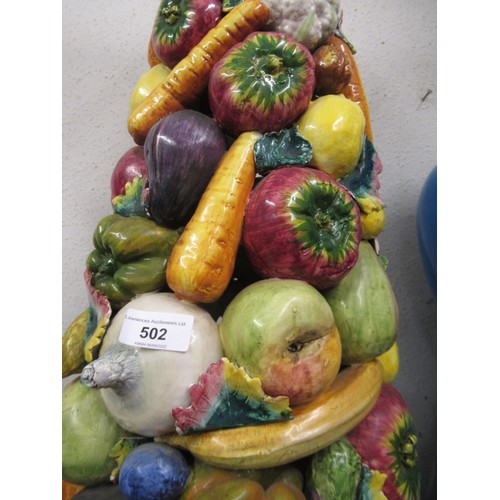 502 - Large Italian Majolica pottery sculpture of fruit and vegetables, 37ins high