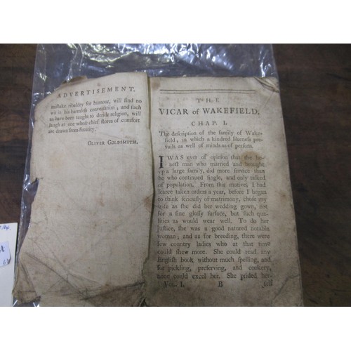 449 - Oliver Goldsmith, one volume ' The Vicar of Wakefield ', printed 1766 in London (in very poor condit... 