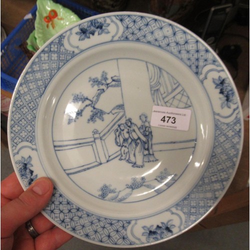 473 - Pair of modern Chinese blue and white plates decorated with figures on a terrace, six character mark... 