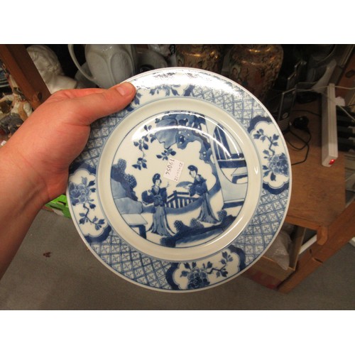 473 - Pair of modern Chinese blue and white plates decorated with figures on a terrace, six character mark... 