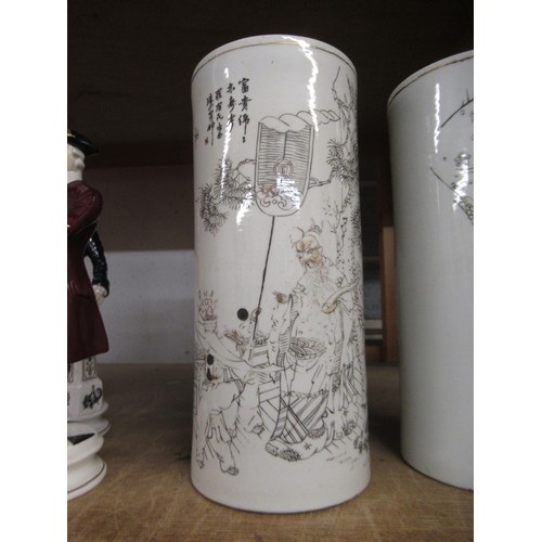 483 - Pair of Chinese Republic period cylindrical vases decorated in monochrome with figures in a landscap... 