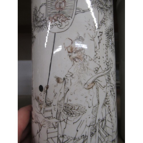 483 - Pair of Chinese Republic period cylindrical vases decorated in monochrome with figures in a landscap... 