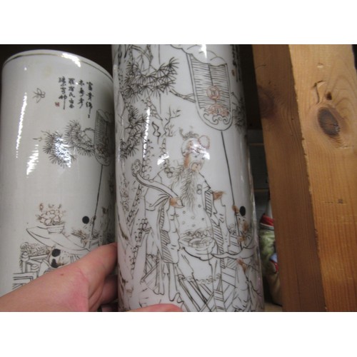 483 - Pair of Chinese Republic period cylindrical vases decorated in monochrome with figures in a landscap... 