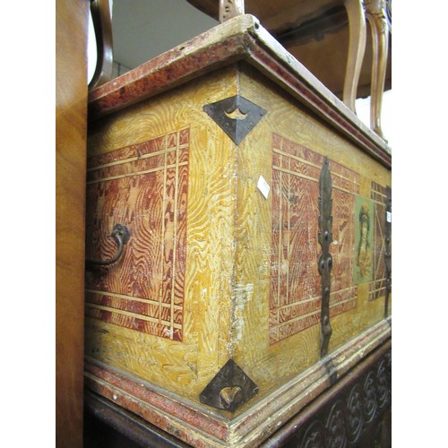 1823 - 19th Century Continental painted pine and metal bound trunk with hinged lid and applied printed deco... 