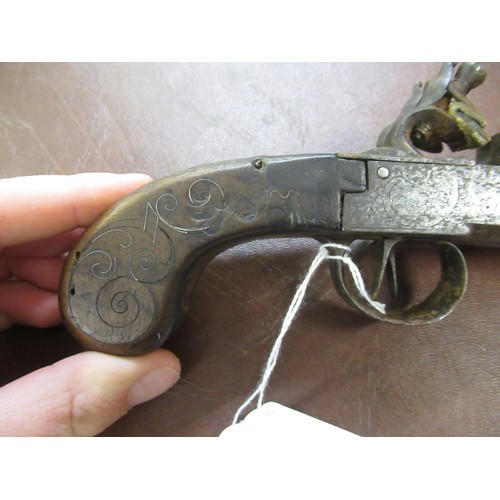 102 - 18th Century flintlock double barrelled side by side pistol with silver wire inlaid grip, 9.5ins lon... 