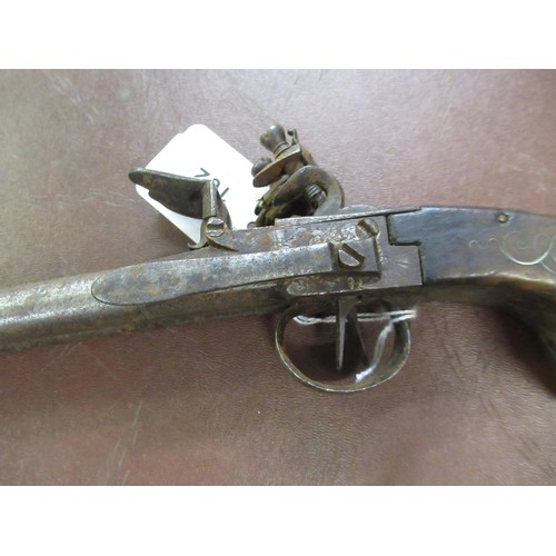 102 - 18th Century flintlock double barrelled side by side pistol with silver wire inlaid grip, 9.5ins lon... 