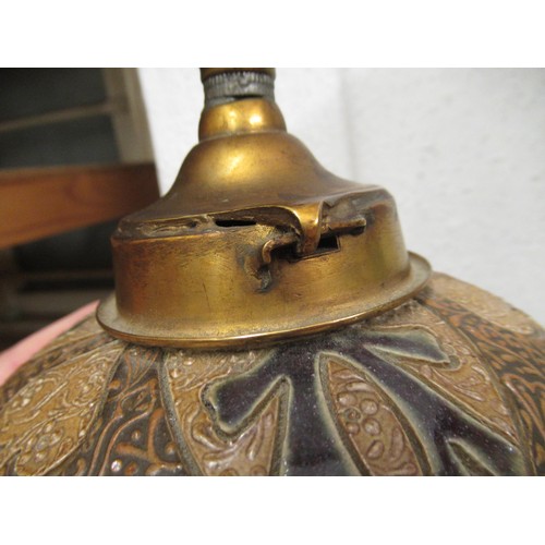 511 - Doulton Lambeth stoneware and gilt brass mounted oil lamp base, the incised stylised floral decorati... 