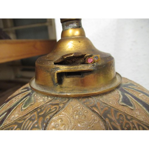 511 - Doulton Lambeth stoneware and gilt brass mounted oil lamp base, the incised stylised floral decorati... 