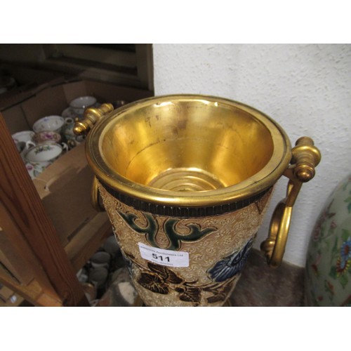 511 - Doulton Lambeth stoneware and gilt brass mounted oil lamp base, the incised stylised floral decorati... 