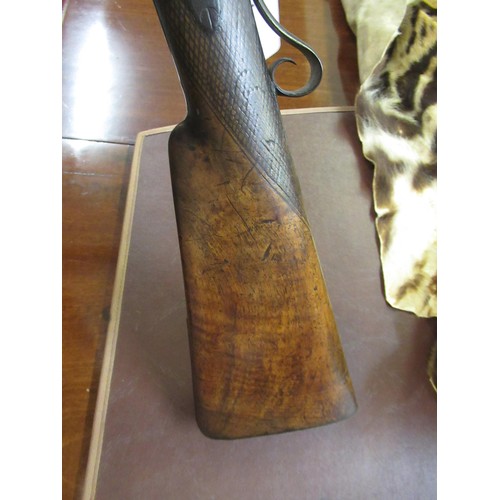 417 - Antique double barrel percussion shotgun with Damascene barrels, inscribed Westwood, London