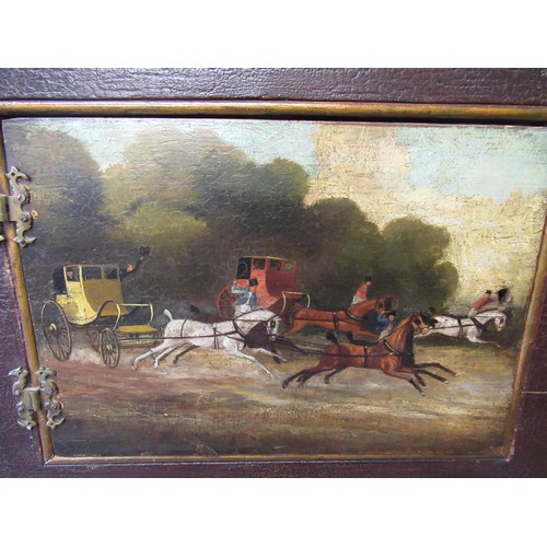 1827 - Unusual antique painted cabinet on stand, the upper section with three panel doors and two drawers d... 