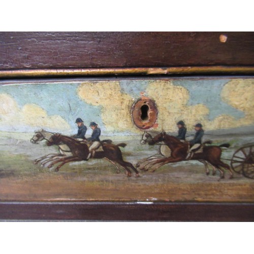 1827 - Unusual antique painted cabinet on stand, the upper section with three panel doors and two drawers d... 