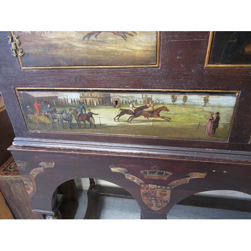 1827 - Unusual antique painted cabinet on stand, the upper section with three panel doors and two drawers d... 