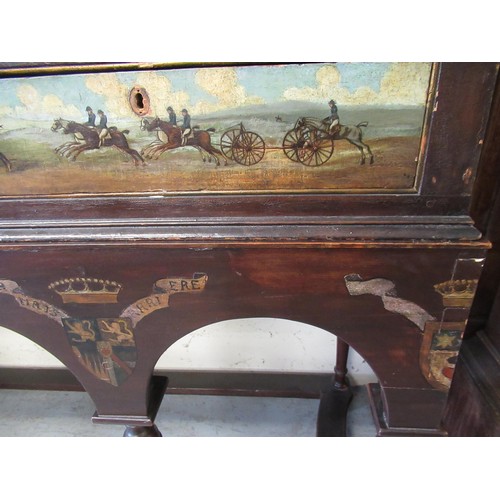 1827 - Unusual antique painted cabinet on stand, the upper section with three panel doors and two drawers d... 