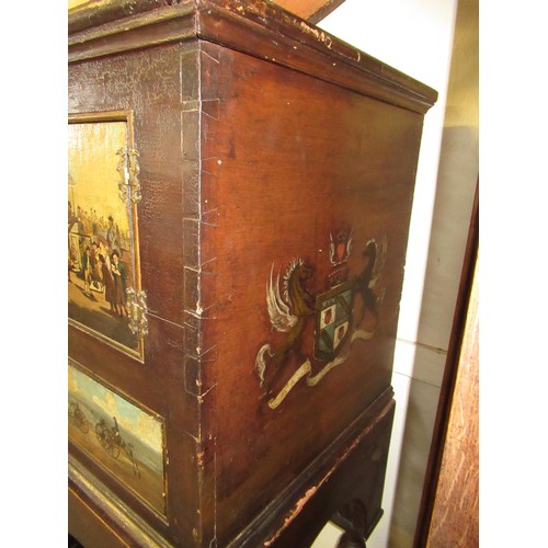 1827 - Unusual antique painted cabinet on stand, the upper section with three panel doors and two drawers d... 