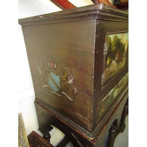 1827 - Unusual antique painted cabinet on stand, the upper section with three panel doors and two drawers d... 