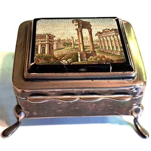 964 - Early 20th Century miniature silver trinket box, the hinged cover inset with a pietra dura panel dep... 