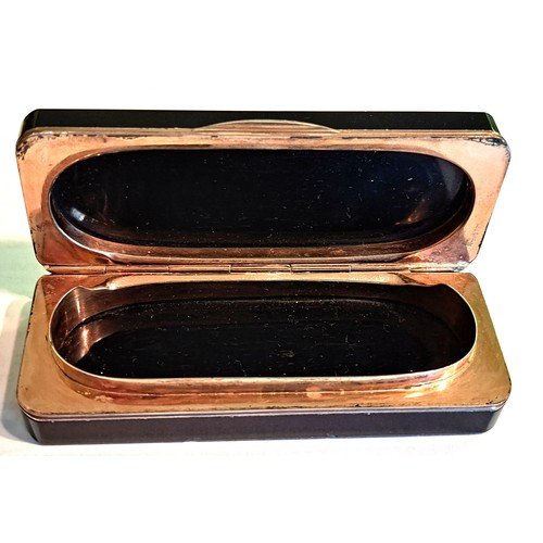 965 - 19th Century black glass and gilt metal mounted toothpick case, the hinged cover inset with twin mic... 