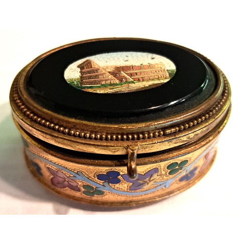 966 - Late 19th / early 20th Century gilt brass and enamel decorated oval trinket box, the hinged cover in... 