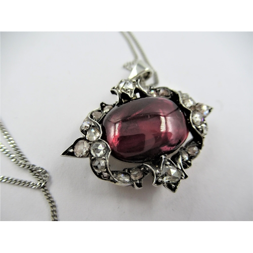 1055 - Georgian white and yellow metal rose cut diamond and garnet brooch adapted for use as a pendant, 32m... 